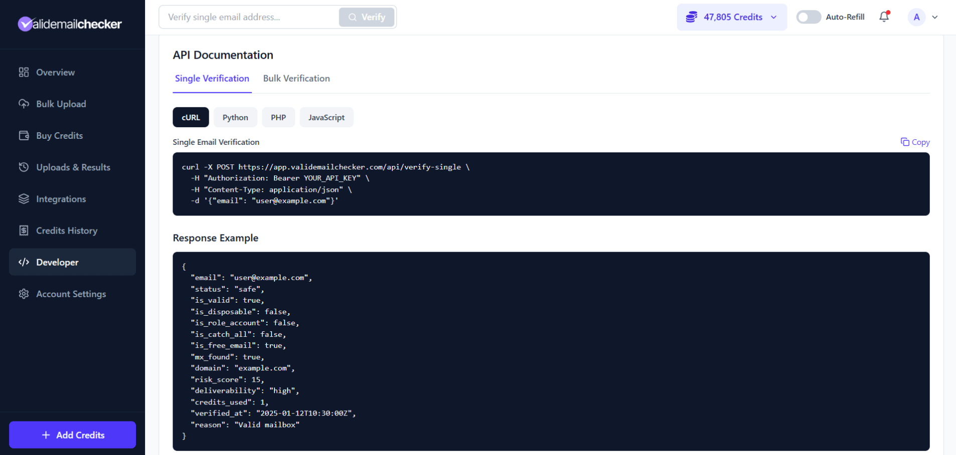 API Documentation showing single verification example