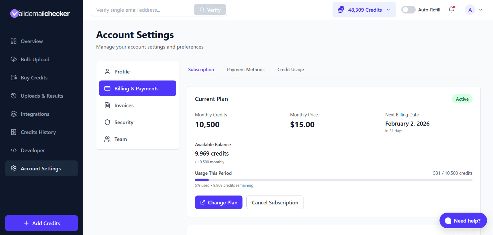 Subscription management page showing current plan and usage