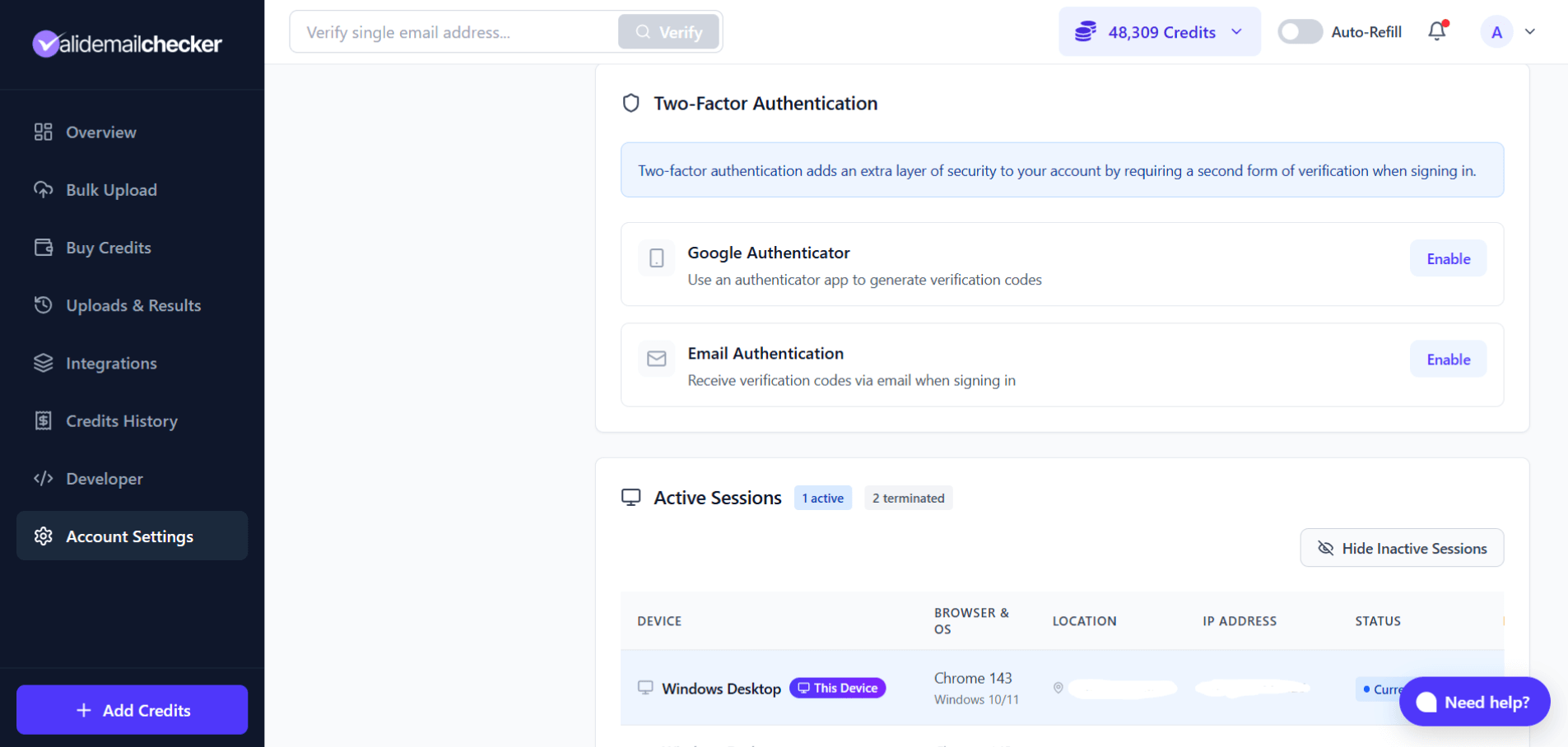 Two-Factor Authentication options showing Google Authenticator and Email
