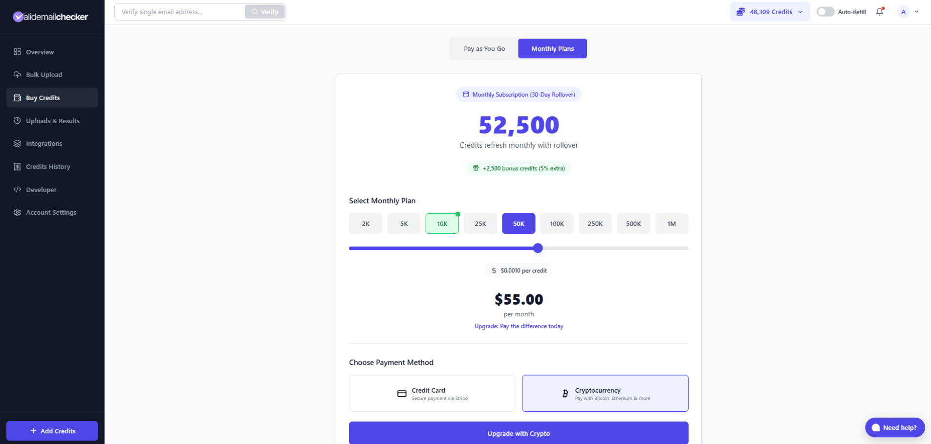 Buy Credits page showing upgrade option with prorated pricing