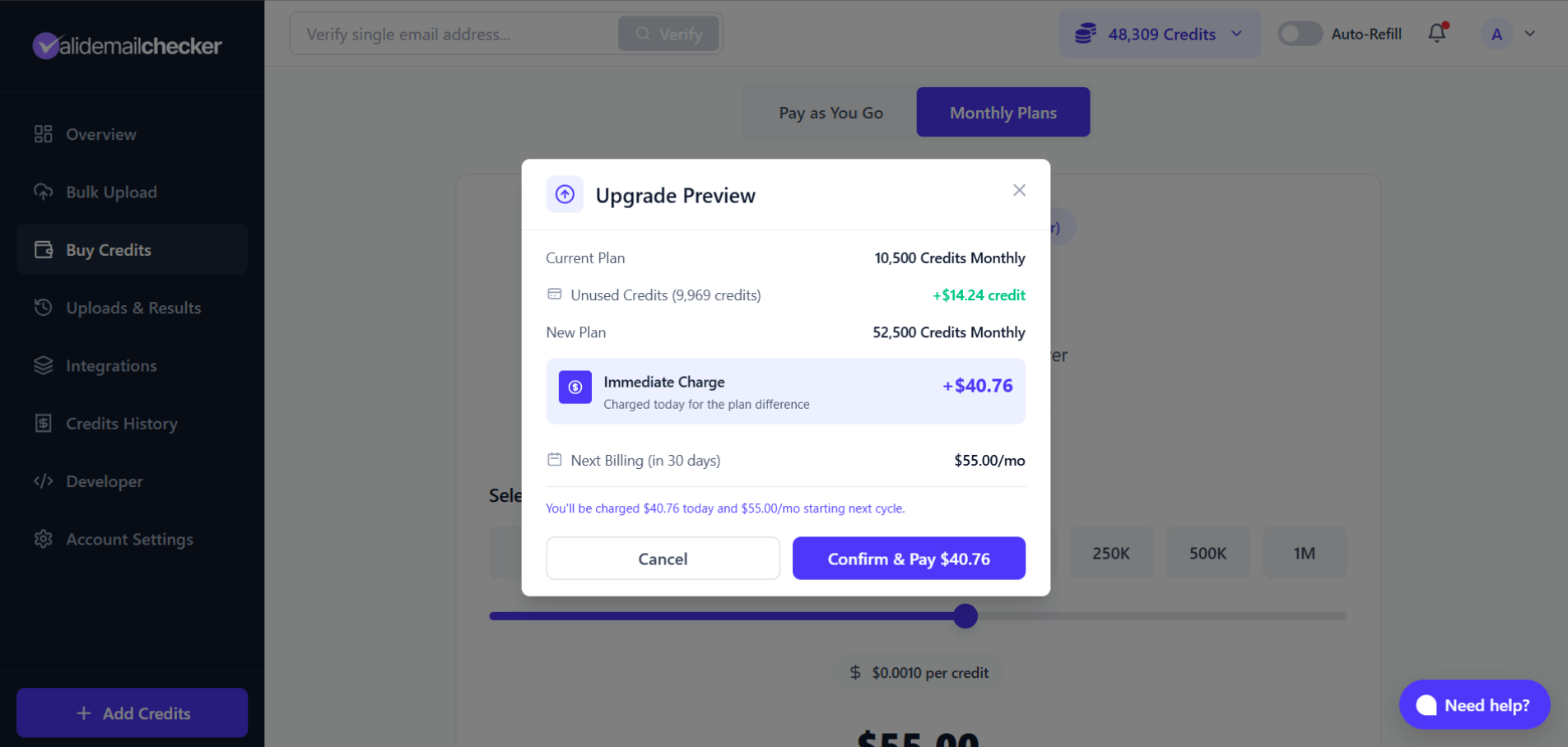 Upgrade Preview modal showing proration breakdown