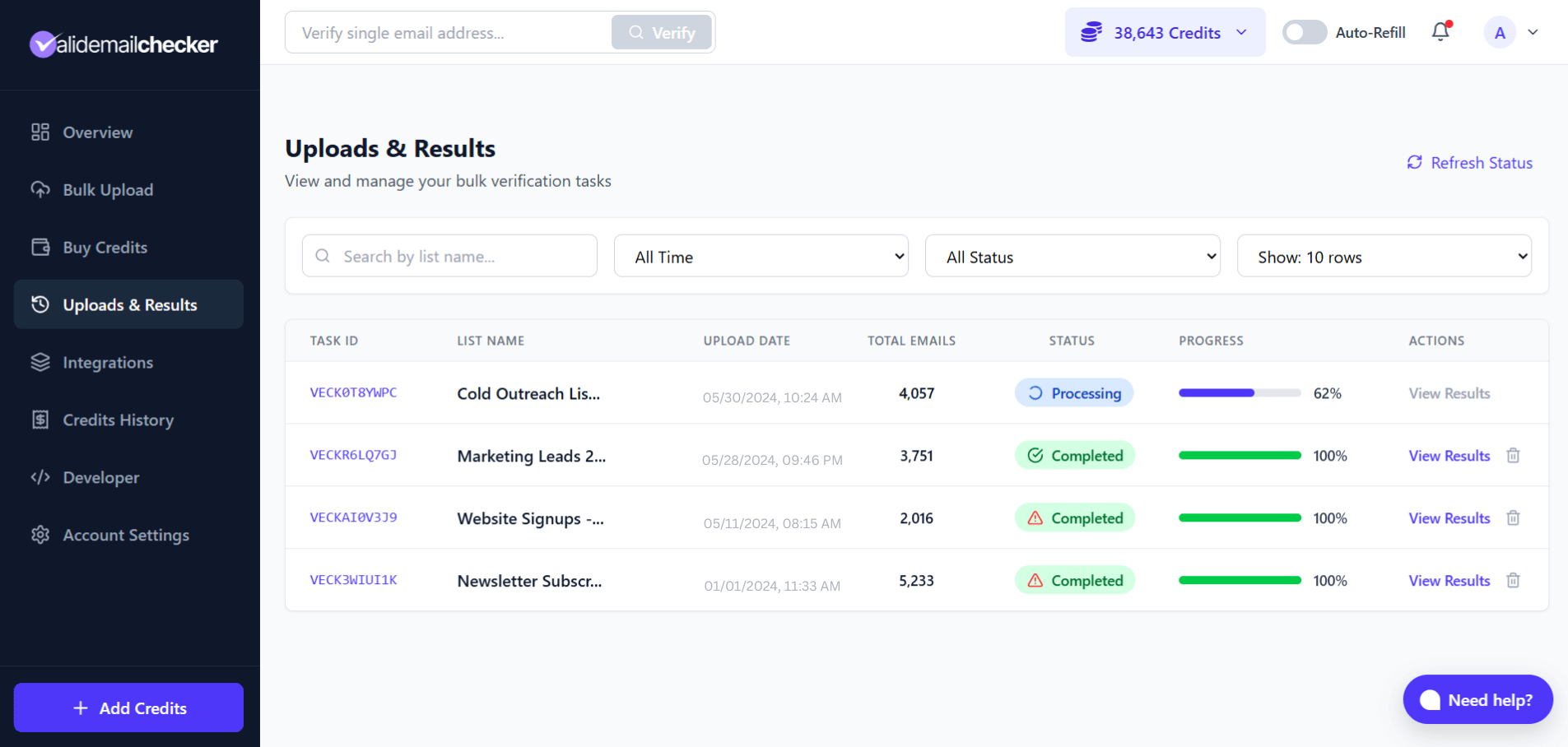 Uploads and Results page showing verification progress